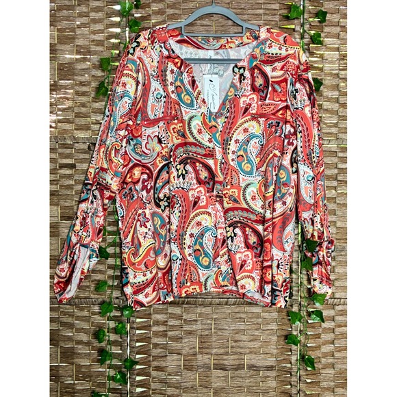 NY Collection Woman 3X Paisley Print Long Sleeve V Neck Blouse Top - Picture 1 of 6